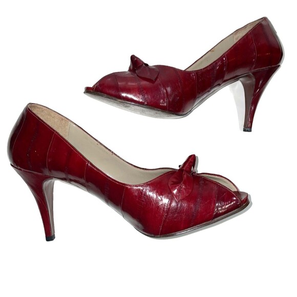Leather Of The Sea Vintage Women’s Open Toe Heel Pump size 9.5 Burgundy Leather - Picture 8 of 11